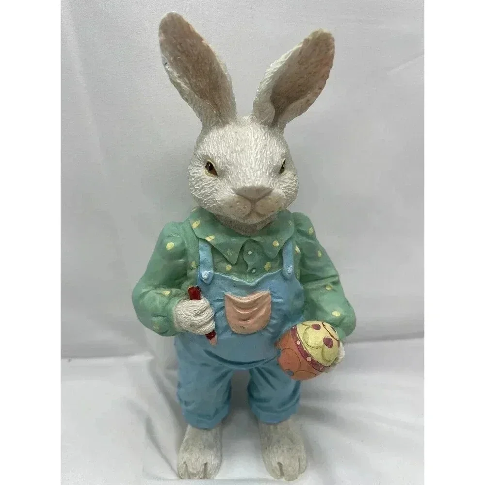Vintage Bunny Rabbit Figurine Painting Egg Blue Overalls Easter Spring